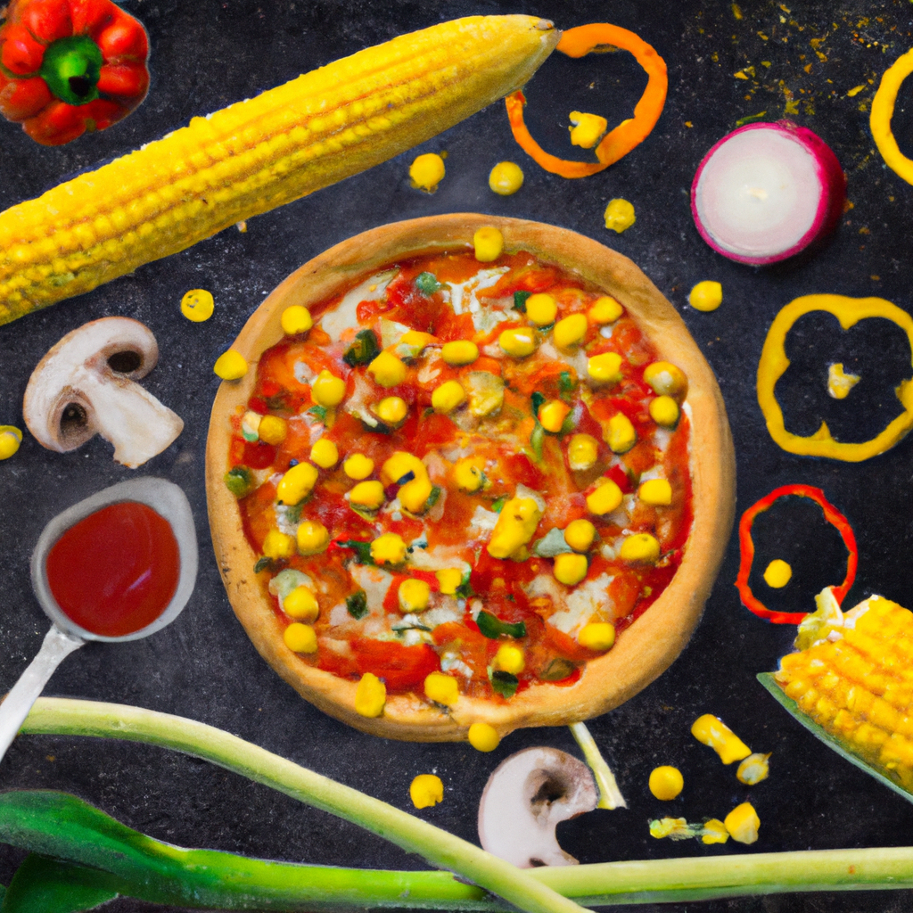 Vegetarian pizzas with capsicum, onion, corn and tomatoes