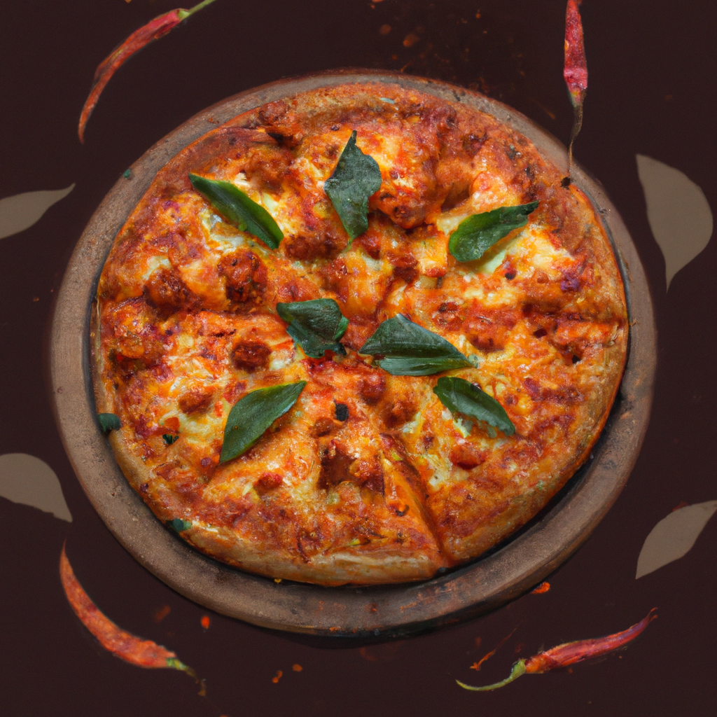 Freshly baked Indian-style pizza with tandoori paneer and makhani sauce on a wooden board